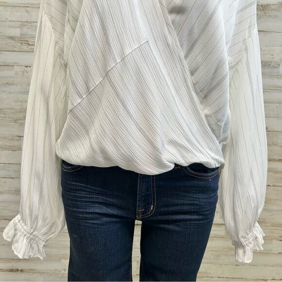 AllSaints Penny Striped Cross Over Top Womens Size XS White Gray Faux Wrap - Picture 4 of 14